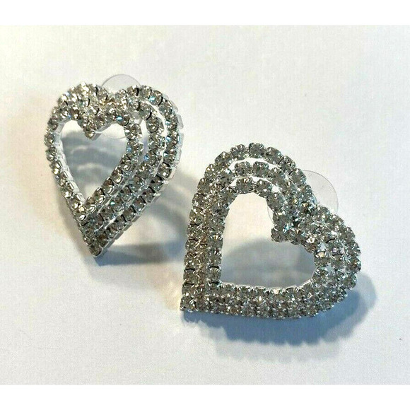 Heart Shaped Pierced Earrings Brilliant Clear White Rhinestones on Silvertone - Picture 2 of 4